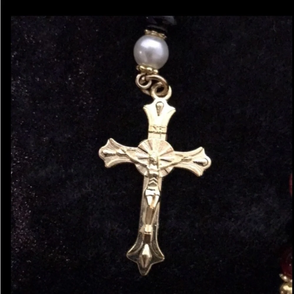 ECCENTRIC HANDCRAFTED Red/White/Black Beaded Bookmark w/Golden Cross